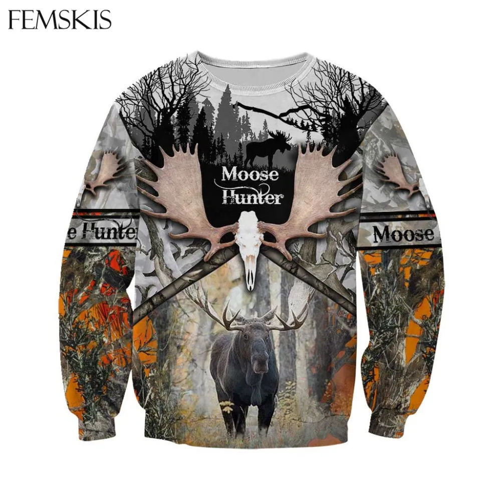 

FEMSKIS Creative Moose Hunter 3D Printed Sweatshirt Unisex Long Sleeve Fashion Women Casual Pullover Long Sleeve Couple Clothes