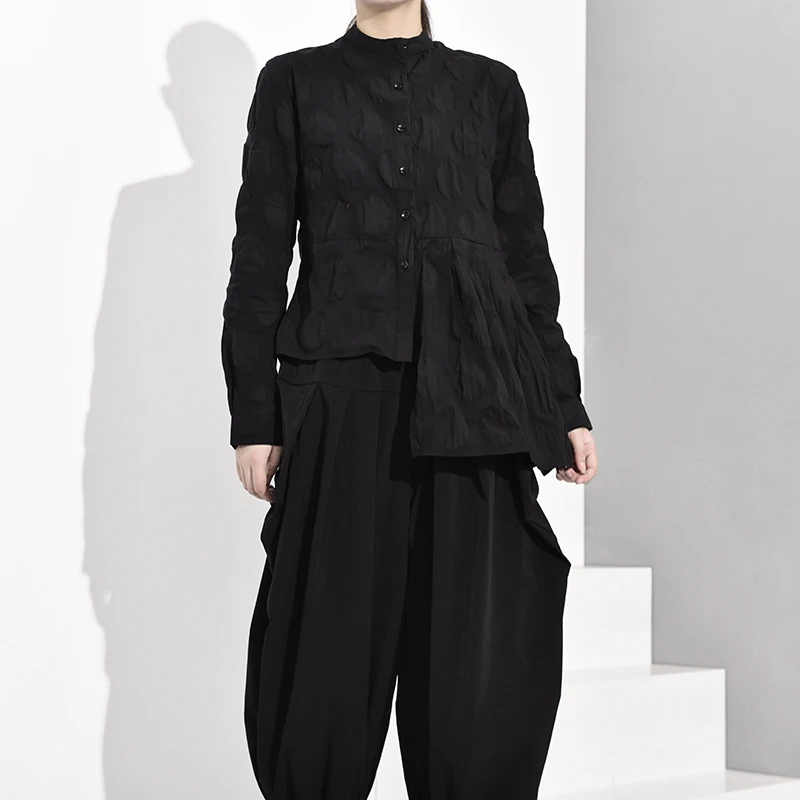  LANMREM Japan Style Trend Irregular Long Sleeve Cotton Shirt Polka Dot Womens Tops And Blouses 2020