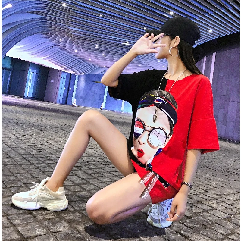 Летняя женская футболка в стиле хип-хоп с принтом, свободная модная индивидуальная уличная одежда средней длины с круглым вырезом и бантом