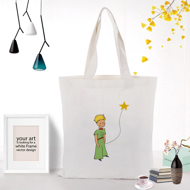 Cute Cartoon Tote Bag Canvas Tote Bag Little Prince Serial Custom Print Logo Text Daily Use Diy Eco Reusable Shopping Bag 