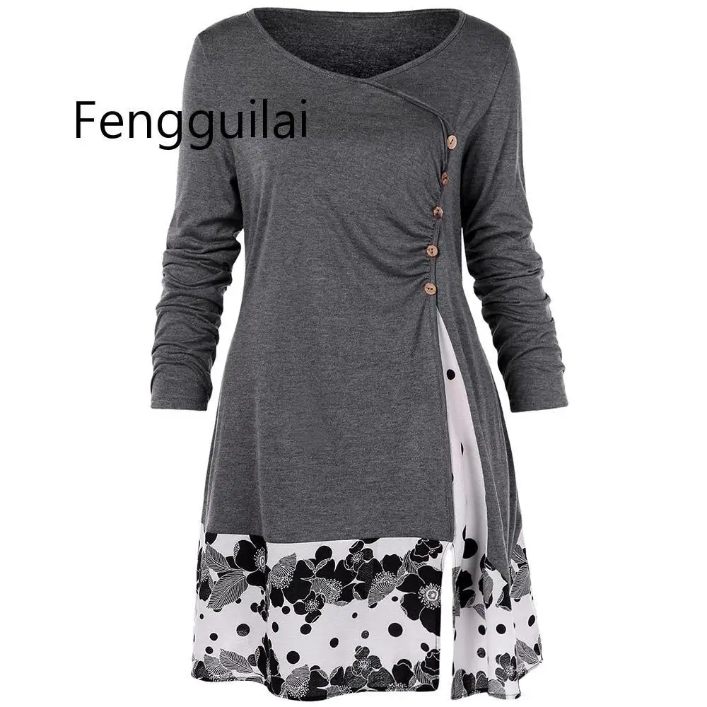 

Plus Size 5XL Draped Floral Long Tunic Shirts Long Sleeve O-Neck Buttons Embellished Women Blouse Spring Casual Tops Tee