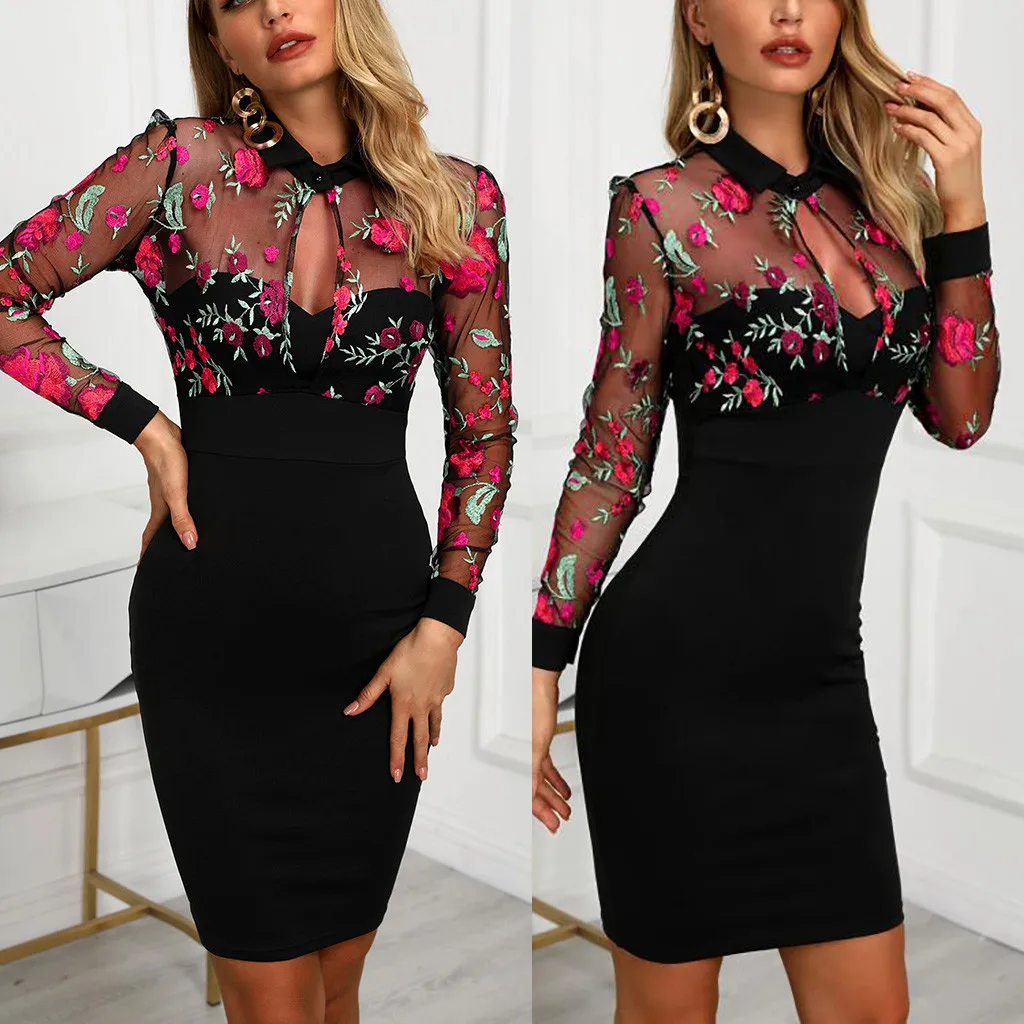 Womens Dresses Floral Embroidery Sexy Mesh Patchwork Bodycon Dress