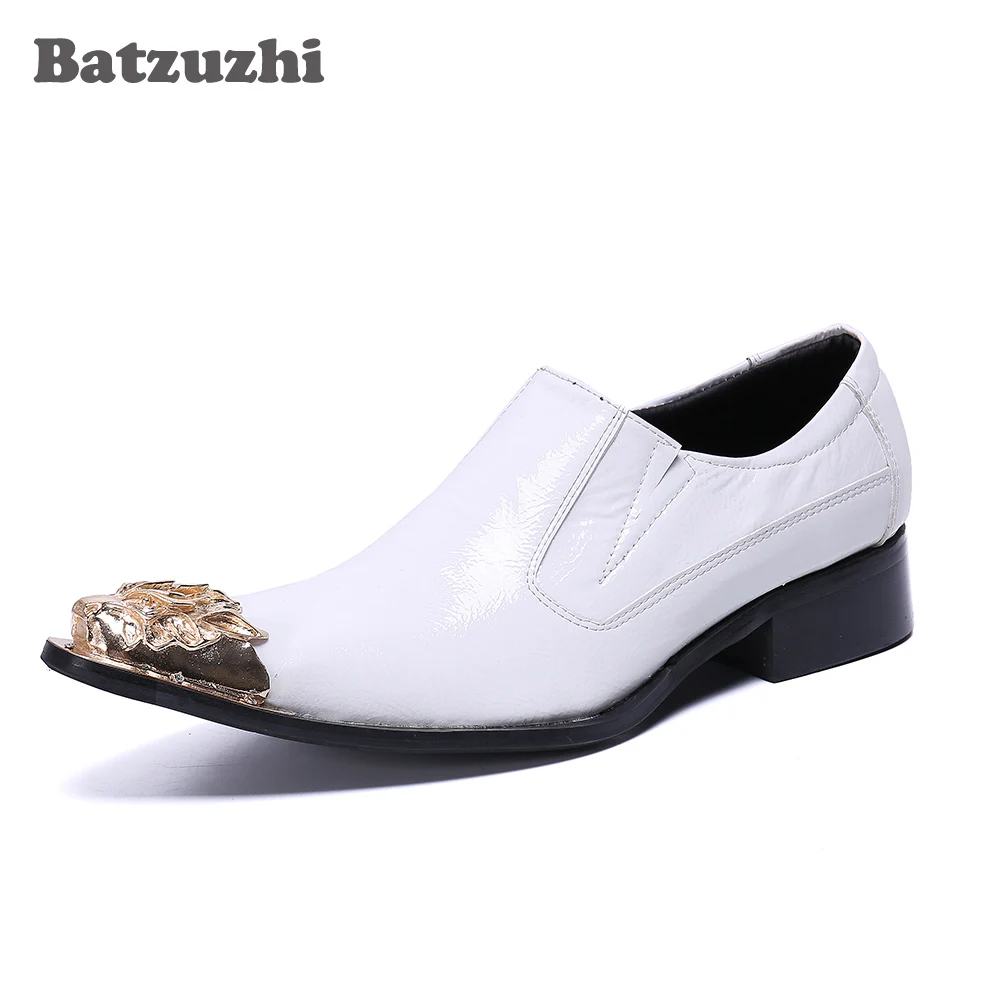 

Batzuzhi Italian Style Handmade White Leather Men's Shoes Pointed Toe White Wedding Dress Shoes Zapatos Hombre, 38-46