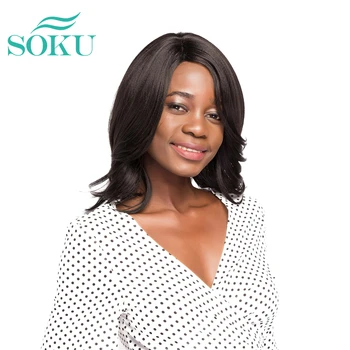 

SOKU Short Wavy Wigs Black Colors For Black Women Synthetic With Bang Heat Resistant Fiber Straight Women Wigs