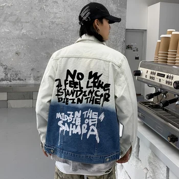 

Harajuku Graffiti Color Block Mens Denim Jacket Lapel Streetwear Loose Casual Jean Jacket Hip Hop Oversize Bomber Jackets