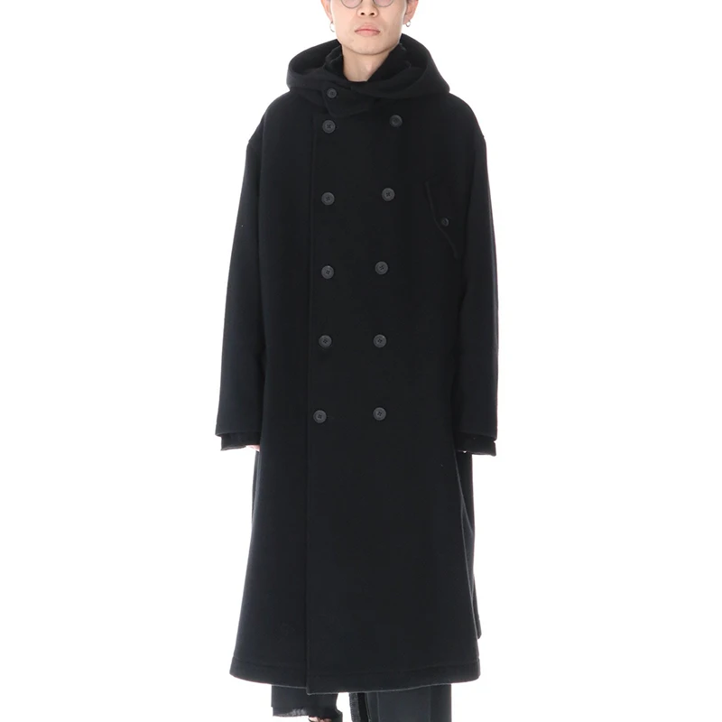 

Men's Woolen Loose Medium And Long Hooded Coat Large New Fashion Trend Style Double Breasted Youth Fashion Solid Color Long Coat