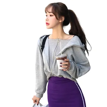 

2020 Spring Gray Color Loose Tops Woman Long Sleeve False Hat Cotton Hoodies With Zipper Fashion Coat For Female