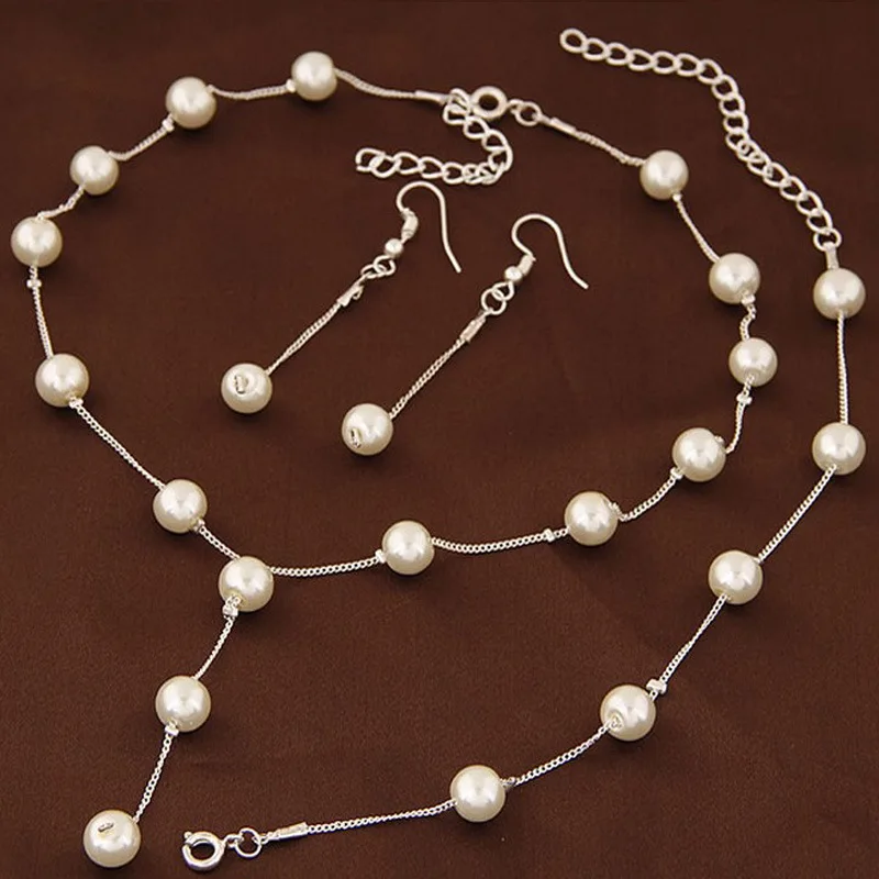 FORSEVEN Korean Fashion Sweet Simulated Pearl Link Chain Necklace Drop Earring Bracelet Women Dating Bridal Wedding Jewelry Sets | Украшения