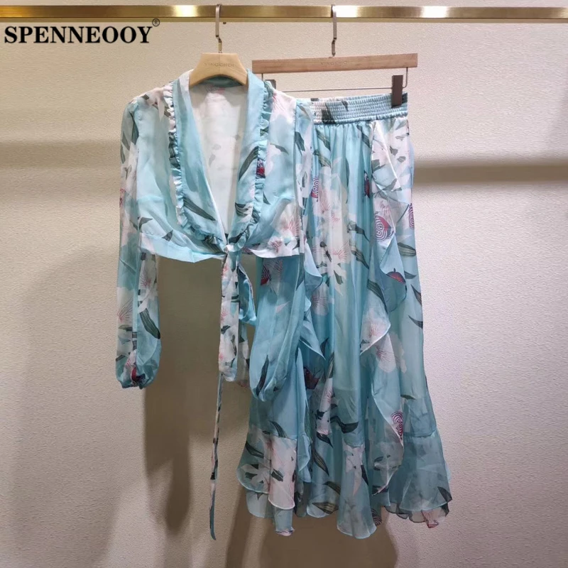

SPENNEOOY Designer Custom Runway Female Summer Vintage Set Women V-Neck Short Coat And Ruffles Printed Skirt Holiday Two-Piece