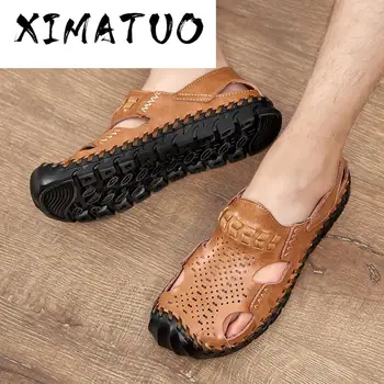

Cow Split Leather Sandals Men Clogs Shoes Mens Sandles Summer Slippers Garden Shoes Men New 2019 sandalias hombre