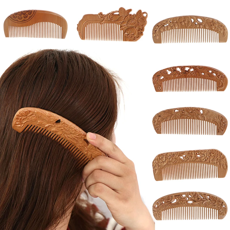 Natural Peach Wood Healthy No-static Massage Hair Wooden Comb Health Care New Design Comb 7 Styles Hot