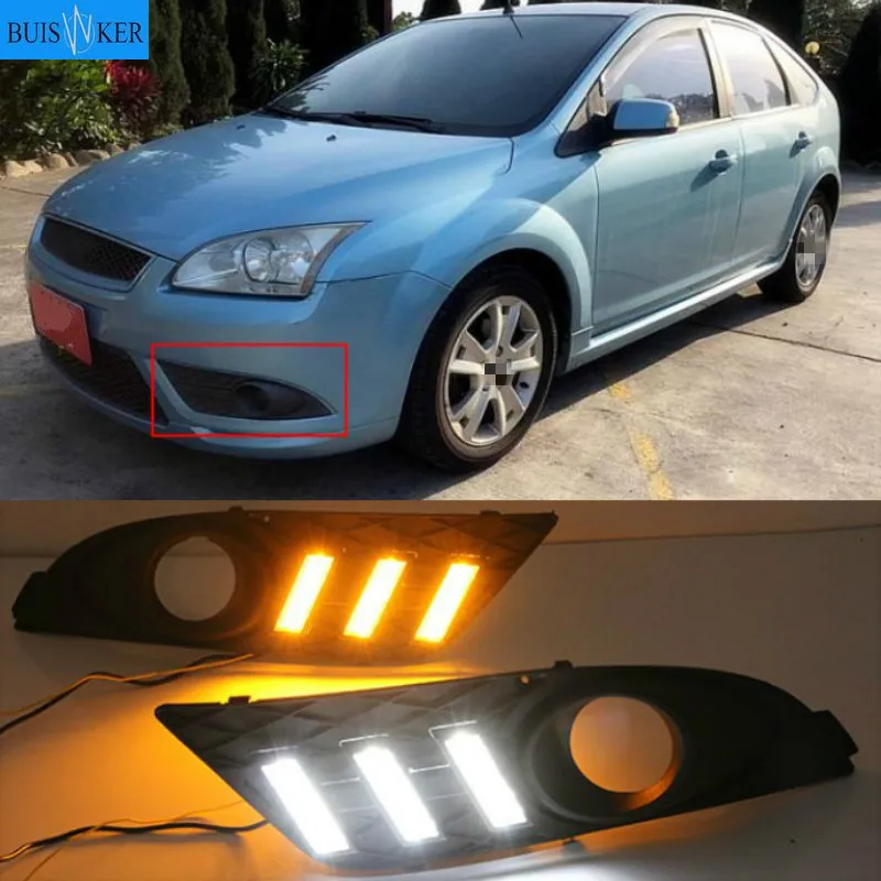 

Дневные ходовые огни для Ford Focus 2007 Седан светодиодный противотуманные фары, дневной свет с желтым указателем поворота, 1 пара