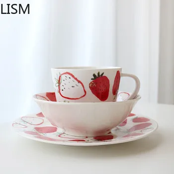 

Ceramic Strawberry Coffee Mugs Cute Hand-Painted Strawberry Cup Bowl Plate Tableware Set Milk Tea Cups Tasas De Cafe Coffee Mug