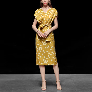 

Seifrmann Fashion Runway 2020 Summer Polka Dot Dress Women V-Neck High waist Bow Belt Split Bohemian Ladies Elegant Midi Dresses
