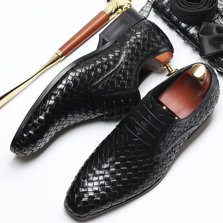 Men First Layer Genuine Cowhide Woven Business Dress Casual Shoes Inner Soft Warm Pigskin Leather Retro British Men's Shoes