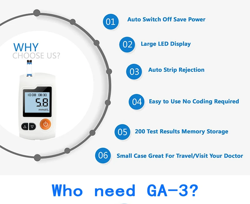 Английская версия GA-3 тест-полоски для определения уровня глюкозы в крови, 50/100/200 шт. подходит для GA3 с скарификатор; сахар в крови обнаружения прибор для контроля уровня сахара в крови