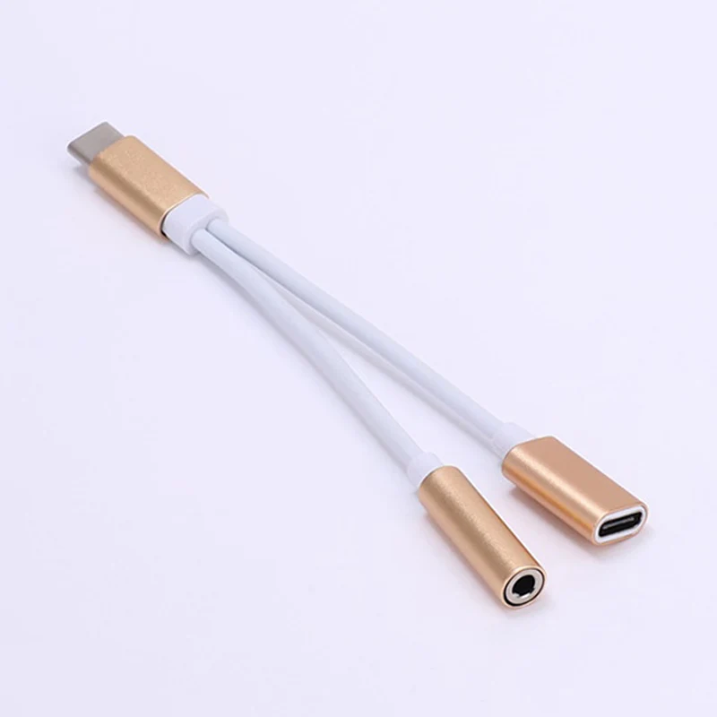 Золотой 2 in 1 Type-C Cable Headphone Splitter Type C To 3.5mm Aux Audio Charging Jack Adapter Headphone Converter For Xiaomi Huawei HTC - Цвет: Золотой