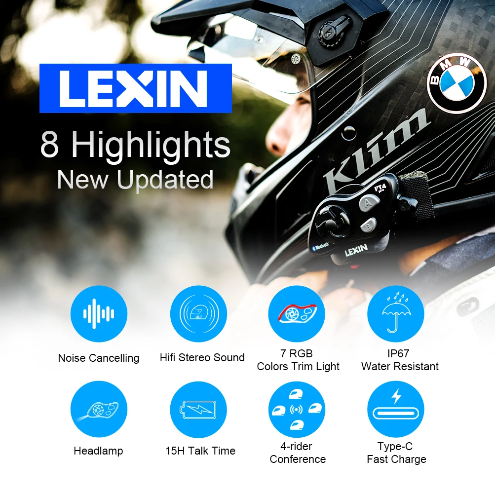 Lexin FT4 PRO Interfono Moto Casco Bluetooth Intercom Motorcycle Type C&BT  5.0 with 7 RGB Colors Trim Light for 4 Bikers Helmet|Helmet Headsets| -  AliExpress