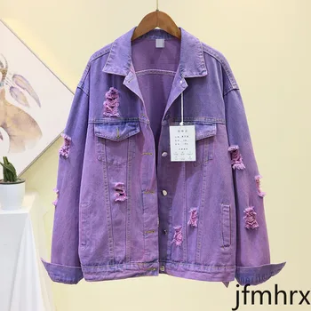 

2020 Spring Autumn Gradual Coloured Jeans Jacket Female New Korean Loose Hole Jackets Women and Men Fashion Jeans Coat Outwears