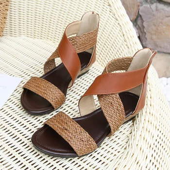 

Woman Sandals Women National Wind Embroir Slippers Bohemian Style Sandals Large Size Braid Sandals Wedge Zippers Beach
