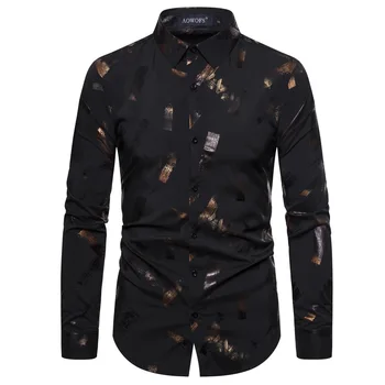 

Men's Shirts Low-key Bronzing Print Elastic force Long Sleeve Shirt Casual Night club Party Dress Top New Arrival
