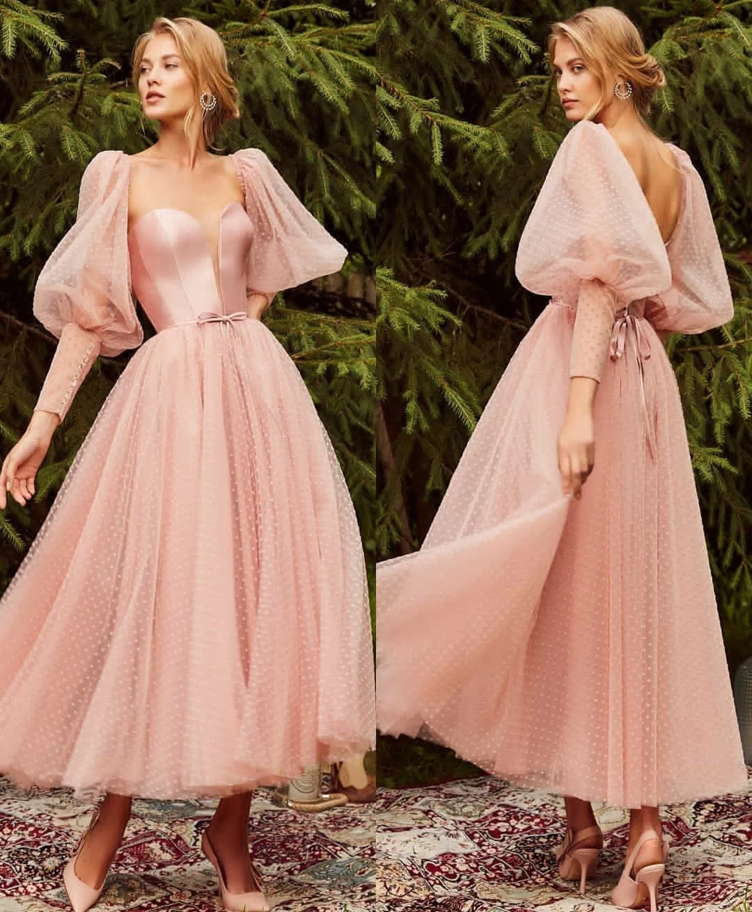 

Elergant V-Neck Short Pink Muslim Evening Dresses A-Line Zipper Back Tulle Abendkleider Robes de Soirée for Women