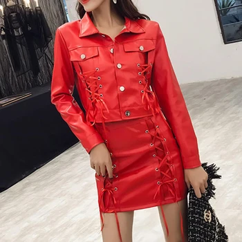 

PU Leather coat and Mini SkirtsTwo Piece Set For Women Lapel Collar Jacket High Waist Female Suit Autumn 2020 Fashion New TZ11