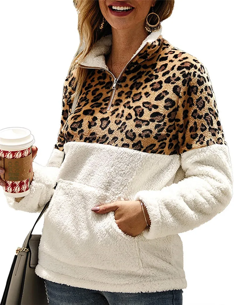 

Women Fashion Sweatshirts Leopard Print Color Block Splice Shirts 1/4 Zipper Fleece Sherpa Sweatshirts with Pocket