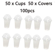 50 sets 360ml 380ml 500ml Disposable Clear Cups with a Hole Dome Lids for Tea Fruit Tea Juice Milk Tea with Covers A50