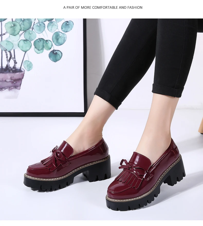 O16U Women Autumn Shoes Patent Leather Slip on Tassel Loafers Platform Flat Casual Shoes Women Flats Spring Shoes for Ladies