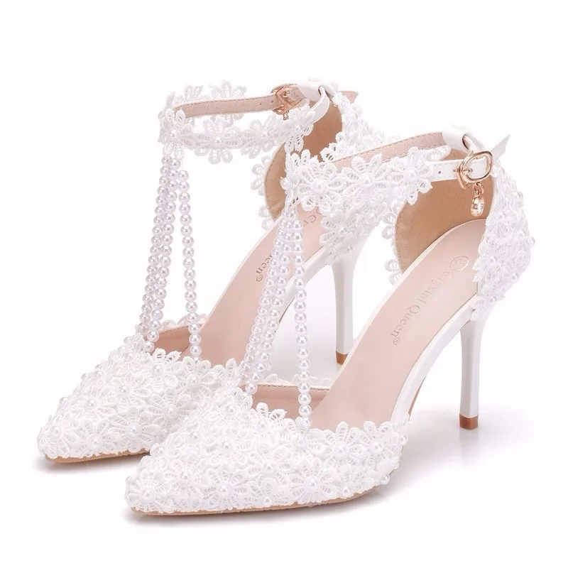 

Large Size White Lace Flower Wedding Shoes One-line Wristband Bridal Shoes Stiletto Pointed Female Sandals