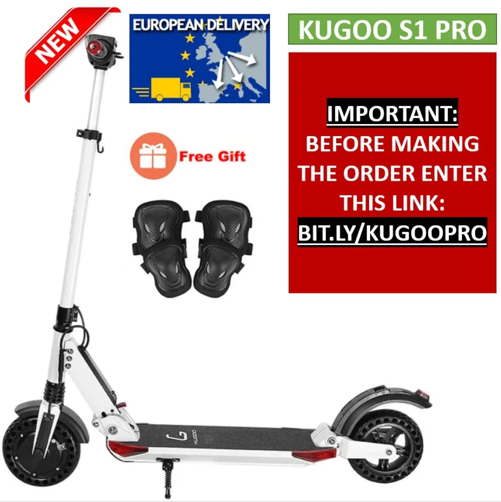Складной электрический скутер KUGOO S1 PRO 7.5AH 350W с ЖК-дисплеем, 3 скоростных режима, 8 дюймов, прочная сотовая Взрывозащищенная шина - Цвет: White Add Knee pads