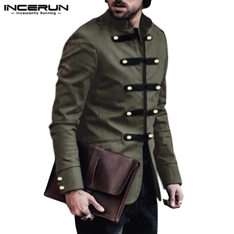 INCERUN, модные куртки, пальто, мужские, двубортные, одноцветные, с длинным рукавом, зима, стоячий воротник, уличная одежда, элегантный Тренч, верхняя одежда
