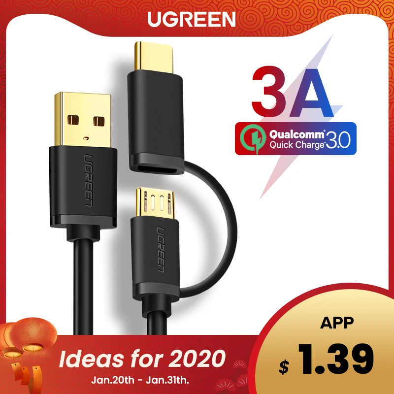 Ugreen USB Type C Cable for Samsung Galaxy S10 S9 Plus 2 in 1 Fast Charging Micro USB Cable for Xiaomi Tablet Android USB Cable Ugreen USB Type C Cable for Samsung Galaxy S10 S9 Plus 2 in 1 Fast Charging Micro USB Cable for Xiaomi Tablet Android USB Cable
