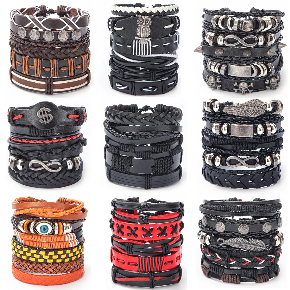 Vintage Leaf Feather Skeleton Owl Multilayer Leather Bracelet Men Fashion Braided Handmade Rope Wrap Bracelets & Bangles Male Gi bracelet jewelry leather bracelets