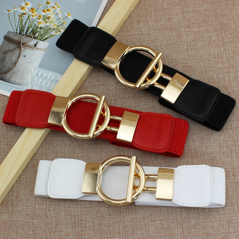 

Designer Luxury Fashion Girl Elastic Belt New Dress Skirt Elastic Wide Waist Seal Gold Round Buckle Women's Decorative Belts
