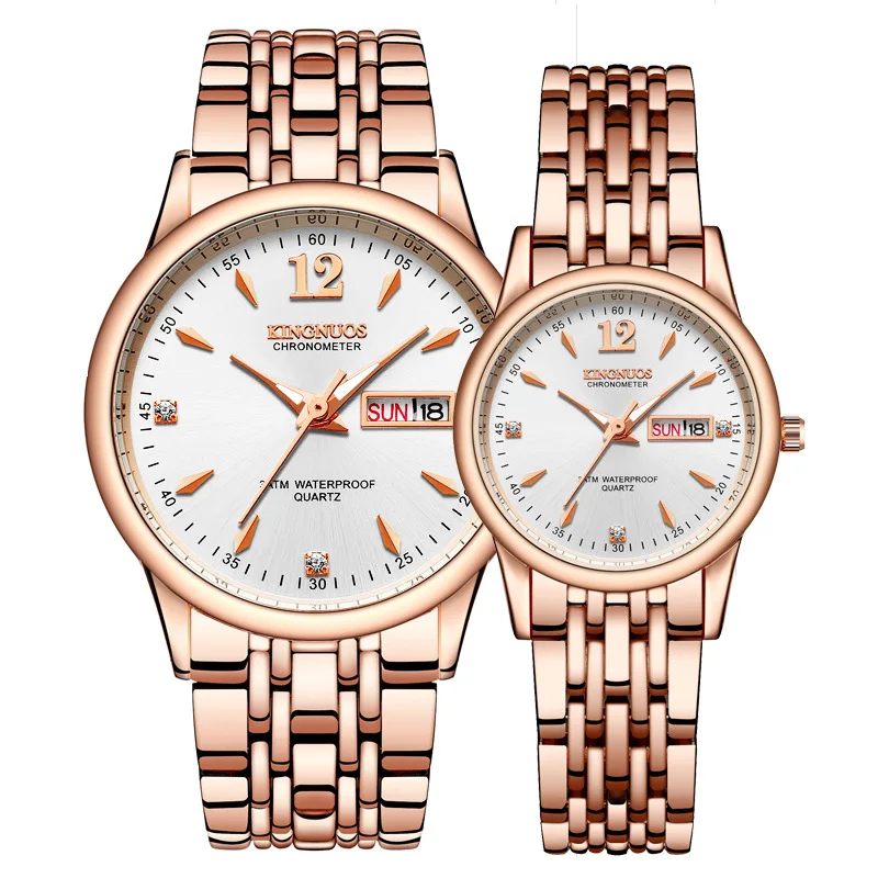 

KINGNUOS Rose Gold Couple Watch For Men Women Lovers Watches Luxury Stainless Steel Quartz Wrist Watch Ladies Calendar Clock