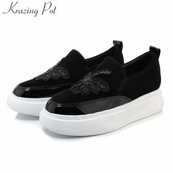 

Krazing Pot fashion streetwear genuine leather slip on loafers shoes beading decorations thick bottom women vulcanized shoes L03