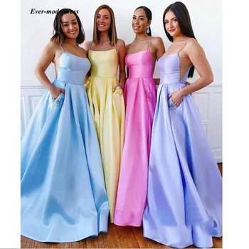 

2020 Simple Long Prom Dresses With Pockets Satin Spaghetti Strap A Line Formal Gowns Evening Party Dress Robe De Soiree
