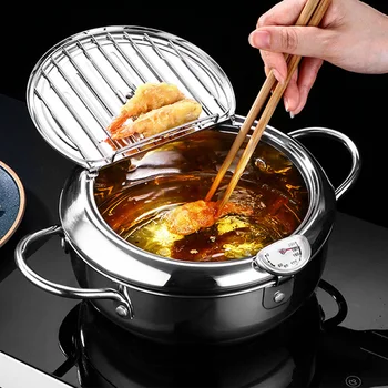 

Kitchen Deep Frying Pot Thermometre Tempura Fryer Pan Temperature Control Fried Chicken Pot Cooking Tools Stainless Steel New