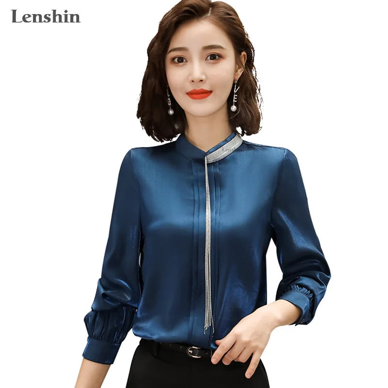 Женская блестящая блузка Lenshin элегантная офисная с воротником стойкой расшитая