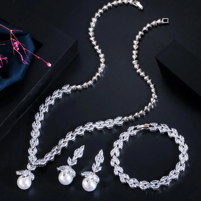 CWWZircons 3 Piece Sparkling CZ Dangle Drop Pearl Bridal Wedding Party Necklace Earrings Bracelet Jewelry Sets for Women T252|jewelry sets
