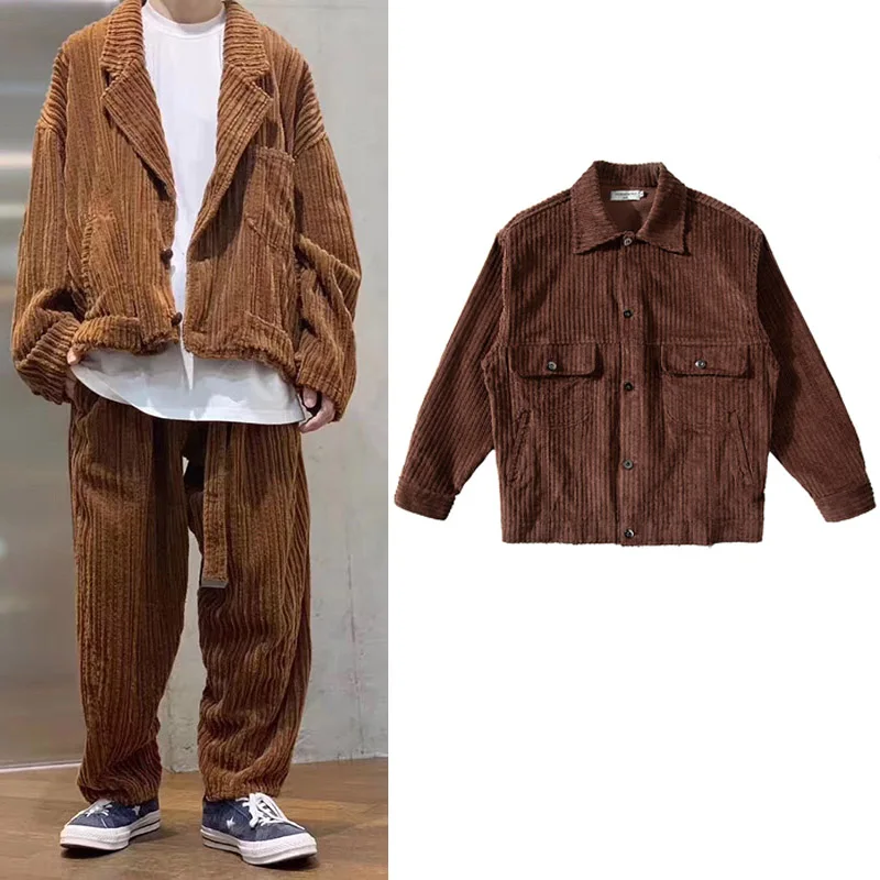 

Thick Striped Corduroy Cargo Style Jackets Men Lapel Loose Streetwear Windbreaker Bomber Jacket Chaquetas Hombre Mens Coats