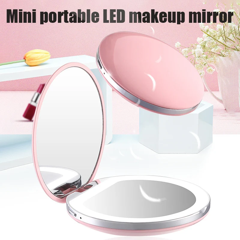 

2019 High Quality Hot Mini Makeup Mirror with LED Light Compact Handheld Illuminated Folding Round Mirror for Home Travel J3