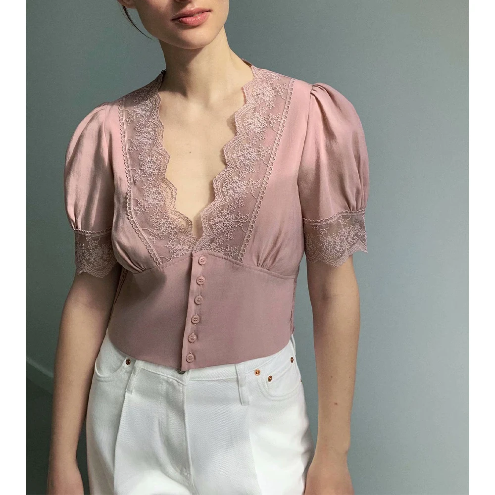 Новинка женская летняя рубашка розовая кружевная v образный вырез короткий рукав
