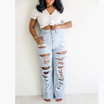 

Women Hole Jeans Fashion High Waist Jeans Denim Pants Casual Loose Straight Trousers