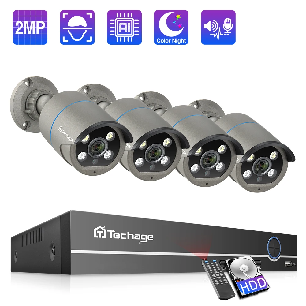 Techage 8CH 1080P POE IP Camera NVR System 4pcs 2MP Two-Way Audio IR Cut Outdoor Waterproof CCTV Home Security Surveillance Kit