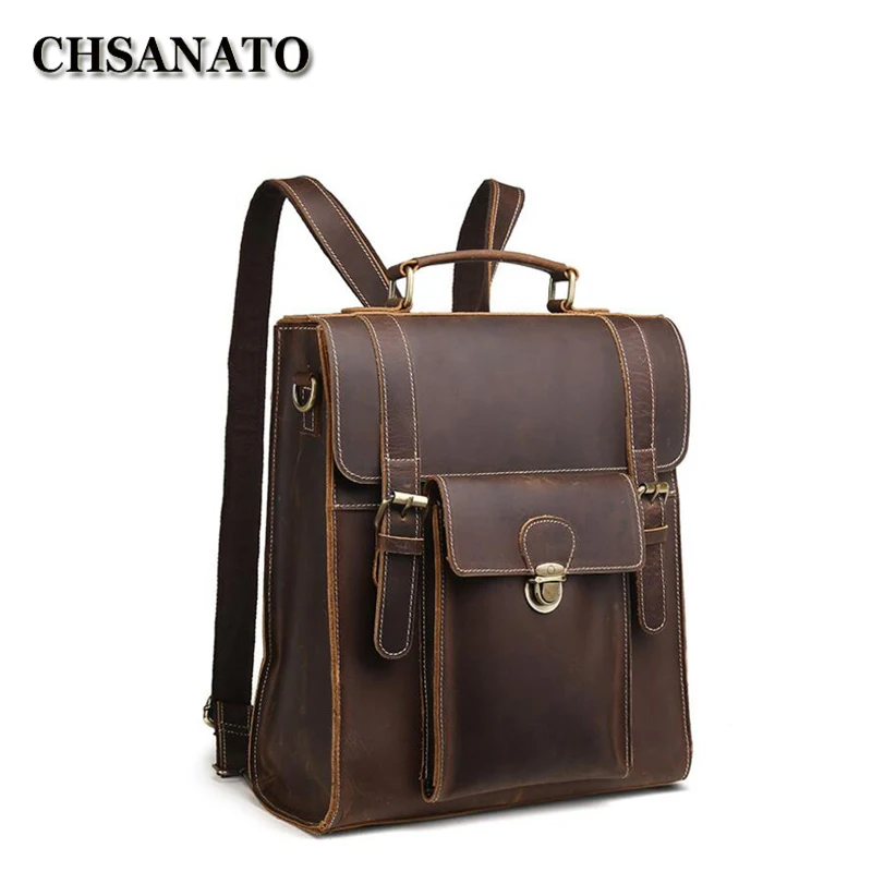 CHSANATO NEW 3 in 1 Business Backpacks Crazy Horse Leather Backpack For Vintage Men Travel Shoulder Bags Quality Male Mochilas