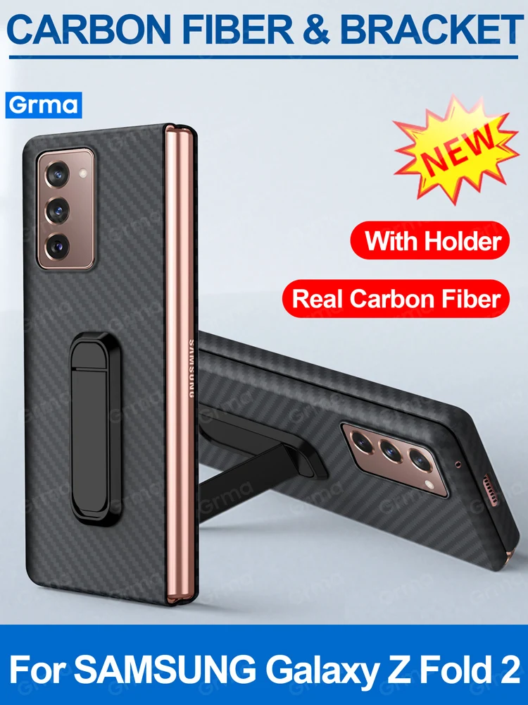 Grma Real Pure Carbon Fiber Holder Stand Phone Case For Samsung Galaxy Z Fold2 Fold 2 Folder 2 5G Case Front and Back Cover