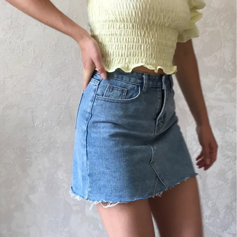 Baratos Hzirip verano moda alta cintura Faldas Mujer bolsillos falda de mezclilla con botones Mujer Saias 2018 nueva falda pantalones vaqueros Casuales